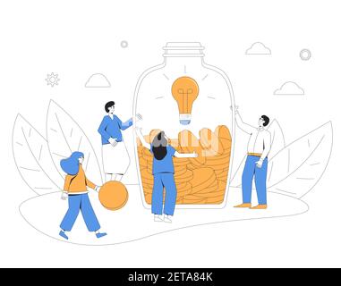 Fundraising-Konzept. Figuren mit Münzen und Sparschwein. Crowdfunding. Freunde geben ein Geld für ein neues Projekt. Verschiedene Zeichen, die Socia unterstützen Stock Vektor