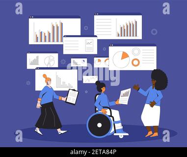 Data Scientists. Business-Analyse-Konzept. Multikulturelles Team mit Schemata und Diagrammen. Finanzforscher. Vektor Farbe Linie Kunst illustrr Stock Vektor
