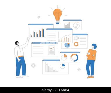 Business-Analyse-Konzept. Manager mit Schemata und Diagrammen. Finanzforscher. Vektorfarbe Linie Kunst Illustration. Stock Vektor