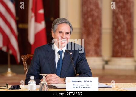 US-Außenminister Antony Blinken trifft sich virtuell mit dem kanadischen Premierminister Justin Trudeau vom Außenministerium Harry S. Truman Building am 26. Februar 2021 in Washington, DC. Stockfoto