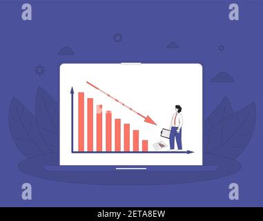 Börsencrash. Globales Krisenkonzept für Investitionen. Junger Mann mit Aktienkurs Fall Chart. Auf Laptop-Bildschirm. Vektorfarbe Linie Kunst Illustration. Stock Vektor