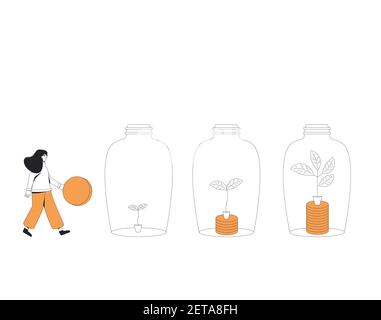 Return on Investment-Konzept. Unternehmenswachstum. Junge Frau mit Geldbaum. Vektorfarbe Linie Kunst Illustration. Stock Vektor