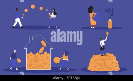 Finanzielle Erträge und Gewinne. Verschiedene Charaktere mit Geldszenen. Familienbudget, Inestor, Stratuper, Zahlungstransaktion, Pensionsfonds. Menschen Stock Vektor