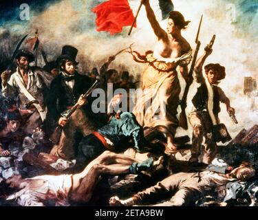 1830S EUGENE DELACROIX MALEREI DER FREIHEIT FÜHRT DIE MENSCHEN ÜBER EINE BARRIKADE MIT DER FRANZÖSISCHEN FLAGGE UND MUSKETE - KA4096 PHT001 HARS EUROPE FÜHRENDE KÜNSTLER FREIHEIT ABENTEUER EUROPÄISCHER MUT UND REPUBLIKANISCHE AUFREGUNG FÜHRUNG AUTORITÄT LOUVRE POLITIK KONZEPT KONZEPTUELLE ÖLGEMÄLDE KUNST MUSKET SYMBOLISCHE 1830S BARRIKADE KONZEPTE SCHUSSWAFFE SCHUSSWAFFEN KAUKASISCHE ETHNIE ALTMODISCHE DARSTELLUNG Stockfoto