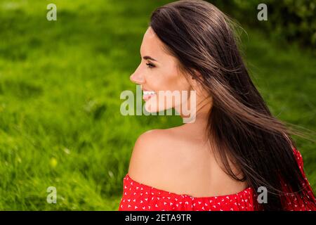 BCK Rückgrat Ansicht Foto von positiven attraktiven Brünette Frau Schauen Sie Traum Sommer Wochenende draußen im Park im Freien Stockfoto