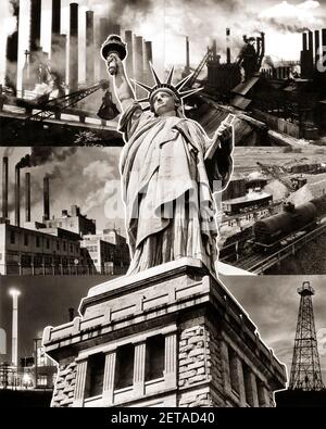 1940S MONTAGE DER FREIHEITSSTATUE, UMGEBEN VON BILDERN DER AMERIKANISCHEN INDUSTRIE ÖL DERRICK FABRIKEN STAHLMÜHLE RAFFINERIE - M5712 HAR001 HARS INNOVATION STOLZ WELTKRIEG WELTKRIEG ZWEI WELTKRIEG II INDUSTRIEN GELEGENHEIT HERSTELLUNG BERGBAU NYC POLITIK PROPAGANDA RAFFINERIE RAUCH STACKS KONZEPTIONELLE NEW YORK WELTKRIEG 2 NEU YORK CITY BILDER SYMBOLISCHE PETROLEUM LÖSUNGEN FREIHEITSSTATUE SCHWARZ UND WEISSE DERRICK FABRIKEN FOSSILEN BRENNSTOFF HAR001 IKONISCHEN NATÜRLICHEN RESSOURCEN ALTMODISCHE STAHLMÜHLE Stockfoto