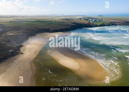 Luftaufnahme von Crantock Beach bei Newquay, Cornwall Stockfoto