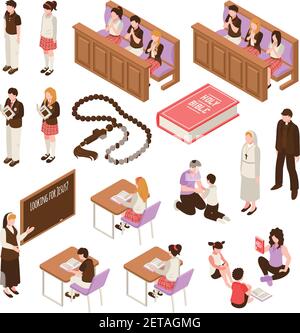 Religiöse Bildung Satz von isometrischen Ikonen Lernen an sonntagsschule Kinder während des Gebets isoliert Vektor-Illustration Stock Vektor