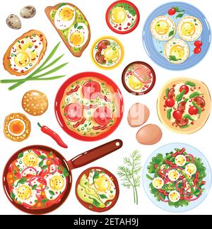 Set von Ikonen Geschirr aus Wachtel und Hühnereier mit Gemüse Pilze und Grün isoliert Vektor-Illustration Stock Vektor