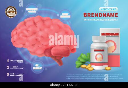 Gehirn Medizin Werbung realistische Zusammensetzung des menschlichen Gehirns Bild und Medikamentenpaket mit editierbarer Vektorgrafik für Markennamen Stock Vektor