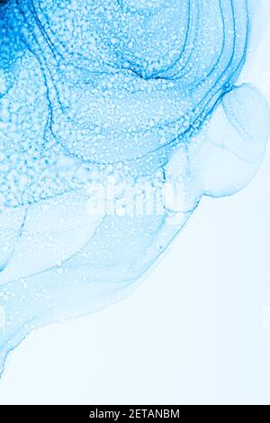 Nahaufnahme der blauen und weißen Alkoholtinte abstrakte zeitgenössische Textur. Mischen von Acrylfarben. Aquarell-Muster des Gemäldes für Ihr Design-Projekt Stockfoto