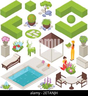 Landschaftsdesign Set mit Blumen und Pflanzen isometrische isolierte Vektor Abbildung Stock Vektor