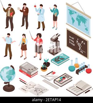 Lehrer und Schule Set mit Unterricht und Bildung Symbole isoliert Isometrische Vektordarstellung Stock Vektor