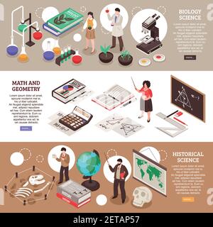 Lehrer und Schule horizontale Banner Set mit Mathematik und Biologie Symbole isolierte isometrische Vektordarstellung Stock Vektor