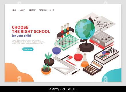Lehrer und Schule Seite Design mit Bildung Symbole isometrische Vektor Abbildung Stock Vektor