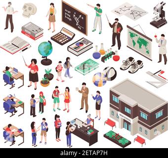 Schule Set mit Lehrer Unterrichtsausrüstung und Bildung Symbole isoliert Isometrische Vektordarstellung Stock Vektor
