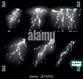 Realistische Blitz Blitze weiß Bilder Sammlung von isolierten monochromatischen Thunderbolts auf transparentem Hintergrund mit Textvektor illustrati Stock Vektor
