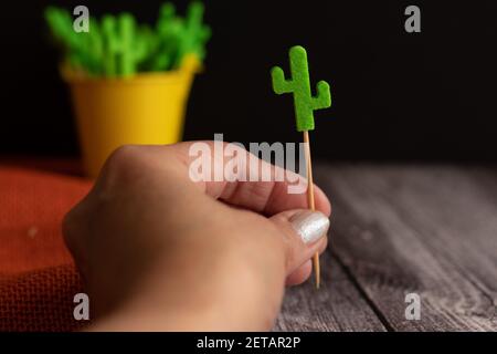 Eine Person, die einen kaktusförmigen Zahnstocher hält Stockfoto