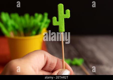 Eine Person, die einen kaktusförmigen Zahnstocher hält Stockfoto