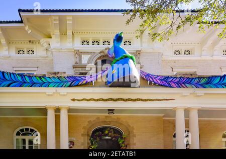 Das Burgess-Maschmeyer Mansion ist mit einem Pfau für Mardi Gras in der Government Street, 19. Februar 2021, in Mobile, Alabama, dekoriert. Stockfoto