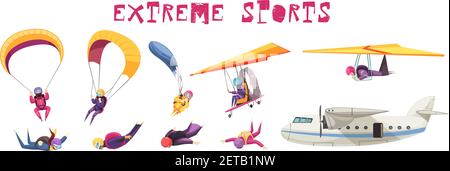Skydiving extreme Sport Elements flache Icons Kollektion mit Fallschirm springen Freier Fall Flugzeug Glider isoliert Vektor-Illustration Stock Vektor