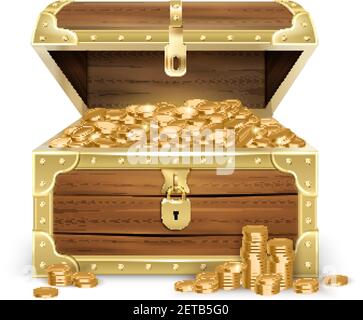 Realistische offene alte Holzkiste mit goldenen Münzen und Schloss Auf weißem Hintergrund isolierte Vektordarstellung Stock Vektor