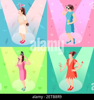 Fotokabine Requisiten Konzept 4 isometrische festliche Hintergrund-Icons mit Mädchen posiert mit Party Accessoires Vektor Illustration Stock Vektor