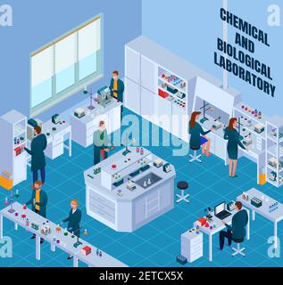 Chemisch-biologische Labor mit Wissenschaftlern während der Arbeit Forschung Ausrüstung und Innenelemente isometrische Vektordarstellung Stock Vektor