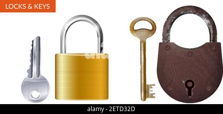 Zwei realistische Kits von Vorhängeschloss mit Schlüssel für Sicherheit und Isolierte Vektordarstellung für den Sicherheitsschutz Stock Vektor