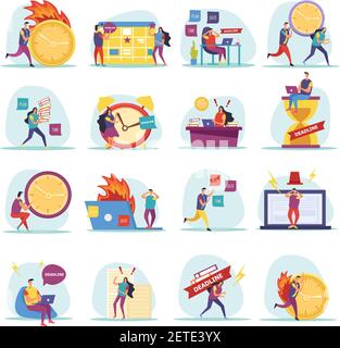 Deadline flache Symbole mit eilenden und besorgt menschlichen Charakteren während Arbeiten Sie isolierte Vektorgrafik Stock Vektor
