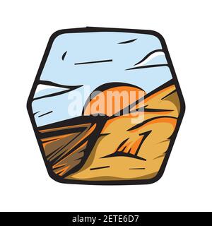 Boot Sonnenuntergang Aufkleber Vektor. Sonnenuntergang Ansicht mit Haus und Berg Illustration, Sonnenuntergang Aufkleber Vektor. Stock Vektor