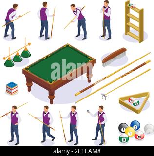 Billard isometrische Symbole mit isolierten Bildern von Tisch cue gesetzt Sticks und Bälle mit menschlichen Zeichen Vektor-Illustration Stock Vektor