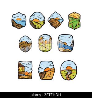 Vektor des Aufklebers für Sonnenuntergänge. Sonnenuntergang Ansicht mit Haus und Berg Illustration, Sonnenuntergang Aufkleber Vektor. Stock Vektor