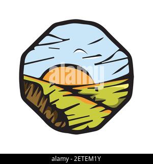 Grasland Sonnenuntergang Aufkleber Vektor. Sonnenuntergang Ansicht mit Haus und Berg Illustration, Sonnenuntergang Aufkleber Vektor. Stock Vektor