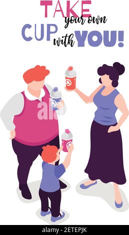 Familie mit Zero Waste Lifestyle 3D isometrische Vektor-Illustration Stock Vektor