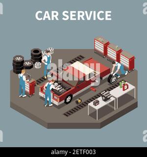 Isometrische und isolierte Car-Service-Zusammensetzung mit zwei Arbeiter und Auto Reparatur Vektor Illustration Stock Vektor