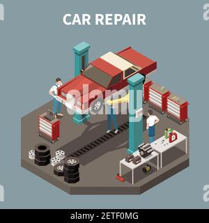 Isometrisches und isoliertes Car Service-Konzept mit Beschreibung der Fahrzeugreparatur Vektorgrafik Arbeitsumgebung Stock Vektor