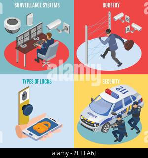 Sicherheitssysteme isometrisch 4 Icons quadratisches Konzept mit Überwachungstechnik Diebstahlschutz elektronische Schlösser isoliert Vektor-Illustration Stock Vektor