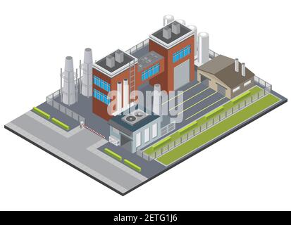 Fabrik Infrastruktur isometrische Hintergrund mit Eingang Industriegebäude Schornstein Garage Auf Zaungebiet 3D Vektordarstellung Stock Vektor