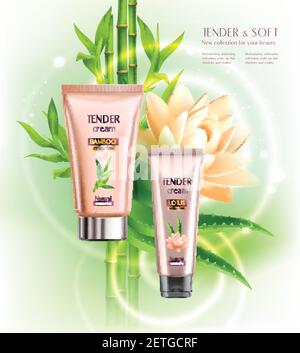 Kosmetik Werbung Haut Erweichung feuchtigkeitsspendende zarte Creme Röhren realistische Zusammensetzung Mit Lotus Blume Bambus Stiele Vektor-Illustration Stock Vektor