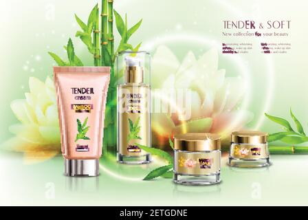 Kosmetik Werbung Haut Erweichung Tag Nacht feuchtigkeitsspendende Creme Spender Tube Töpfe Lotusblume realistische Komposition Vektor Illustration Stock Vektor