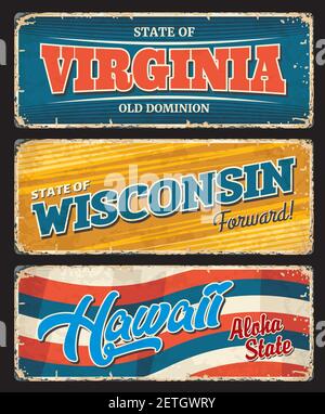 USA Hawaii, Amerika Virginia und Wisconsin Staaten Metallplatten, Vektor-Retro-Schilder. US-Stadt oder Staat Amerika rostigen Metallplatten mit Slogans und ta Stock Vektor