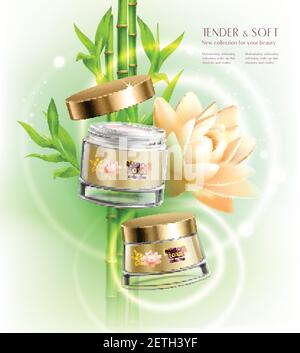 Kosmetik Werbung Haut Erweichung Creme Glas Topf Behälter realistische Zusammensetzung Mit Lotus Blume Bambus Stiele Vektor-Illustration Stock Vektor