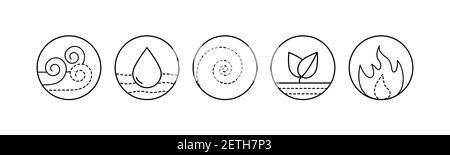 Fünf Elemente des Ayurveda Vektor Umriss Illustration. Kreis-Symbol für entweder Wasser Wind Eath und Feuer Symbole Stock Vektor