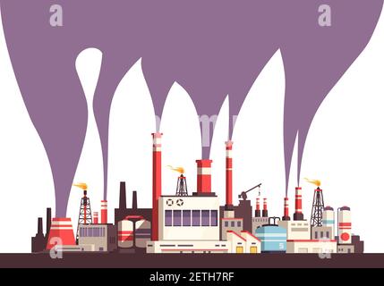 Industrielle flache Hintergrund mit einer Reihe von Fabriken und giftig schädlich Emissionen aus mehreren Röhren Vektordarstellung Stock Vektor