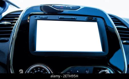 Der Monitor im Auto mit dem Hintergrund des Mockup. Monitor im Auto. Mit Mockup-Hintergrund Stockfoto