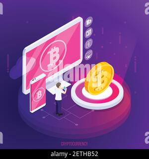 Krypto Währung Finanztechnologie isometrische Zusammensetzung mit elektronischen Geräten und goldene Münze auf lila Hintergrund Vektor-Illustration Stock Vektor