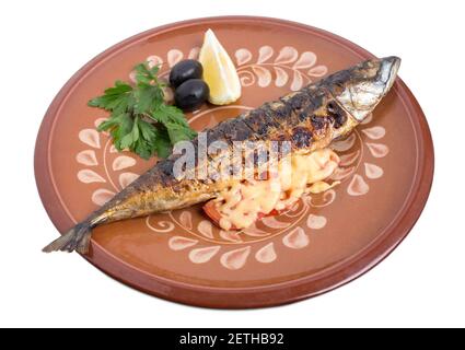 Gebackene Makrele auf einem Tonteller mit Zitrone und Tomaten. Isoliert auf weißem Hintergrund. Stockfoto