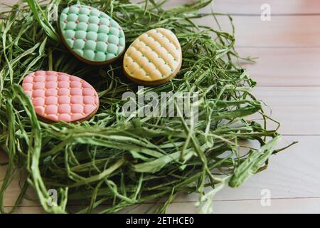 Bunte ostern handgemachte Cookies Eier im Nest auf hellem Holz Hintergrund Stockfoto