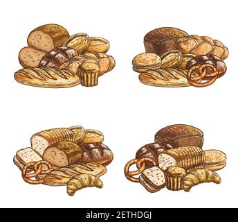 Vektorsymbole für frisches Brot und Gebäck. Bäckerei Brötchen, Weizen-und Roggenbrot Brote, Brezel, Croissant und süße Cupcake. Gebackene Produktion Engra Stock Vektor